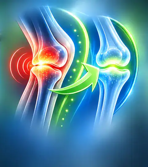 Illustration of a painful knee joint shown next to a recovered knee