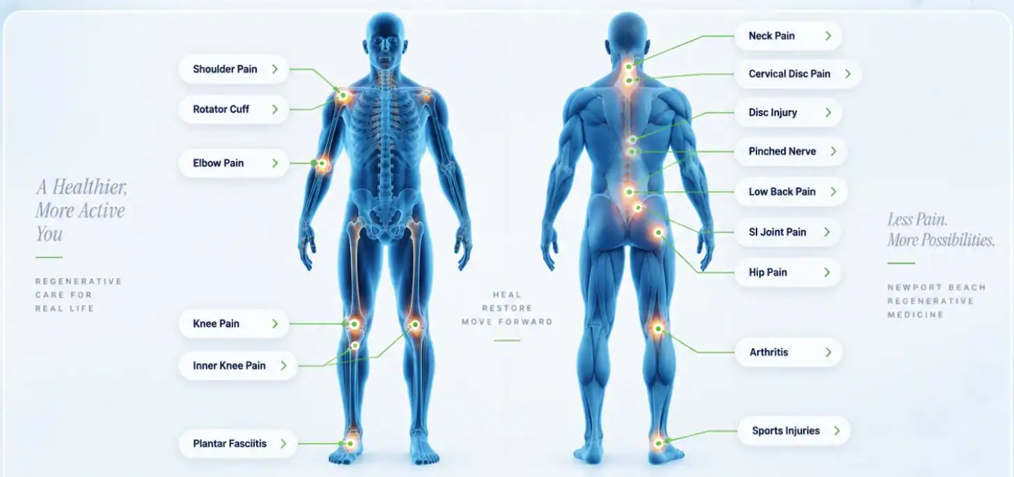 Front and back anatomical treatment map for The Goswami Clinic