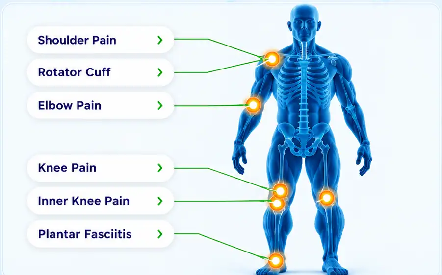 Front treatment areas for shoulder pain, rotator cuff, elbow pain, knee pain, inner knee pain and plantar fasciitis